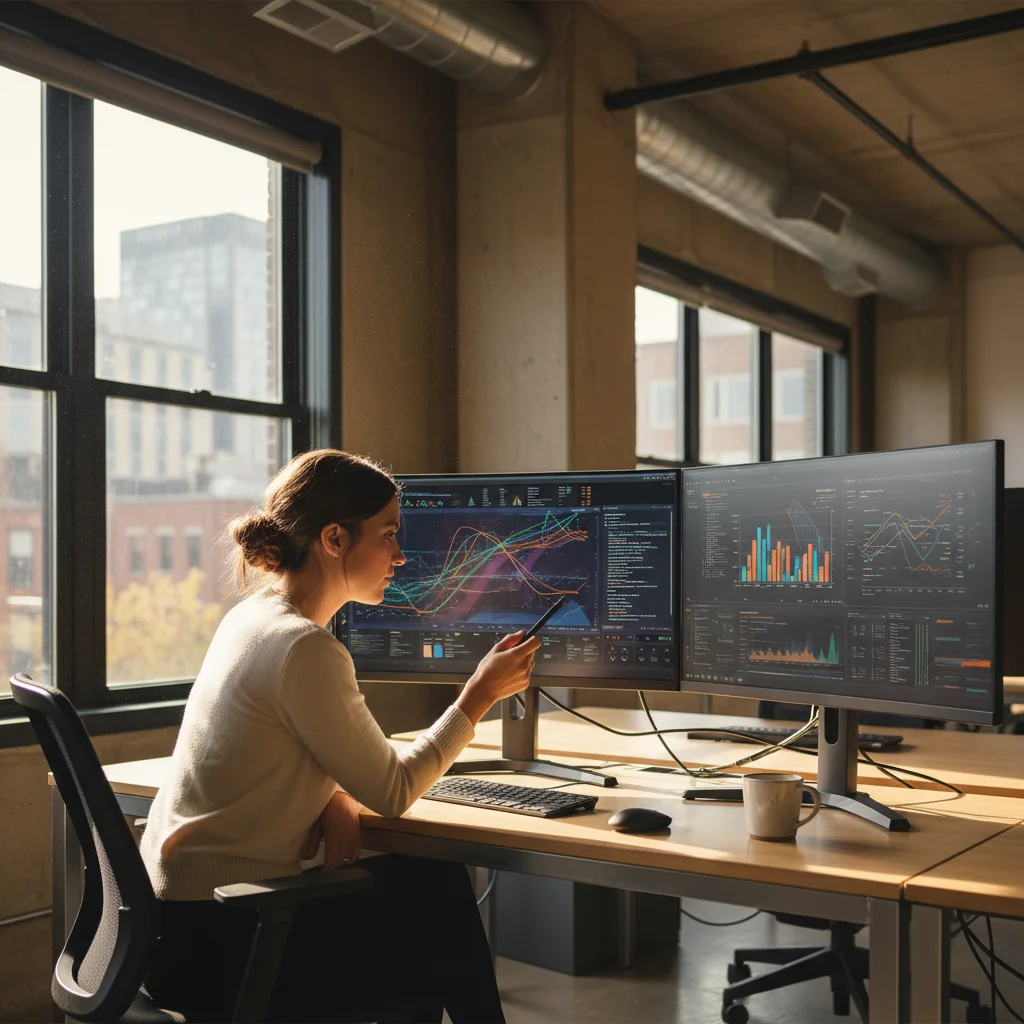 Productiemanager analyseert dashboarddata op twee schermen