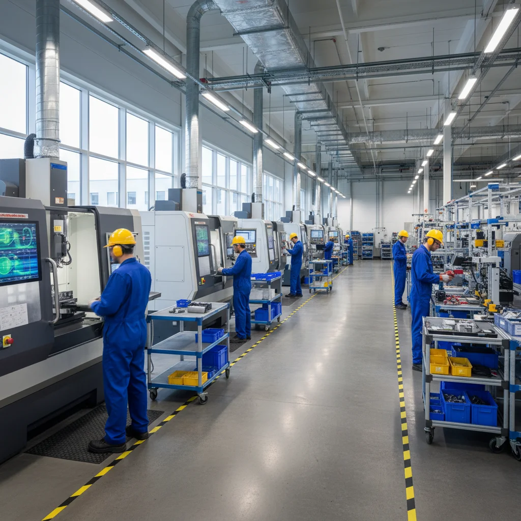 Moderne productievloer met werknemers bij CNC-machines