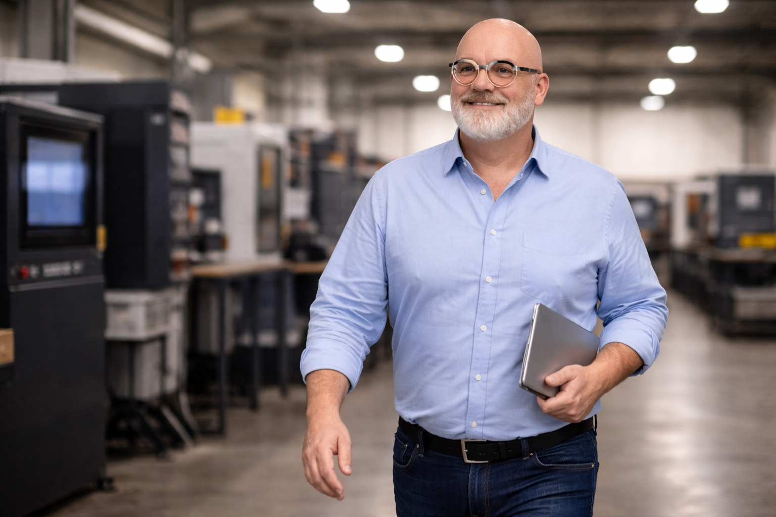 Werknemer met tablet in productieomgeving