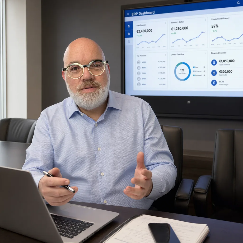 Johan analyseert een ERP-dashboard aan zijn bureau